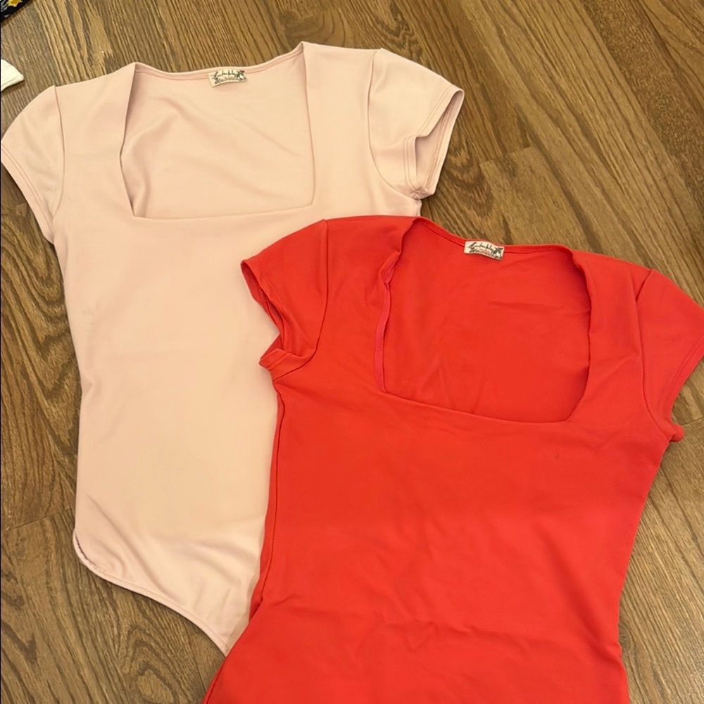 2 Free People Women's Square Neck Bodysuits - Light Pink and Red